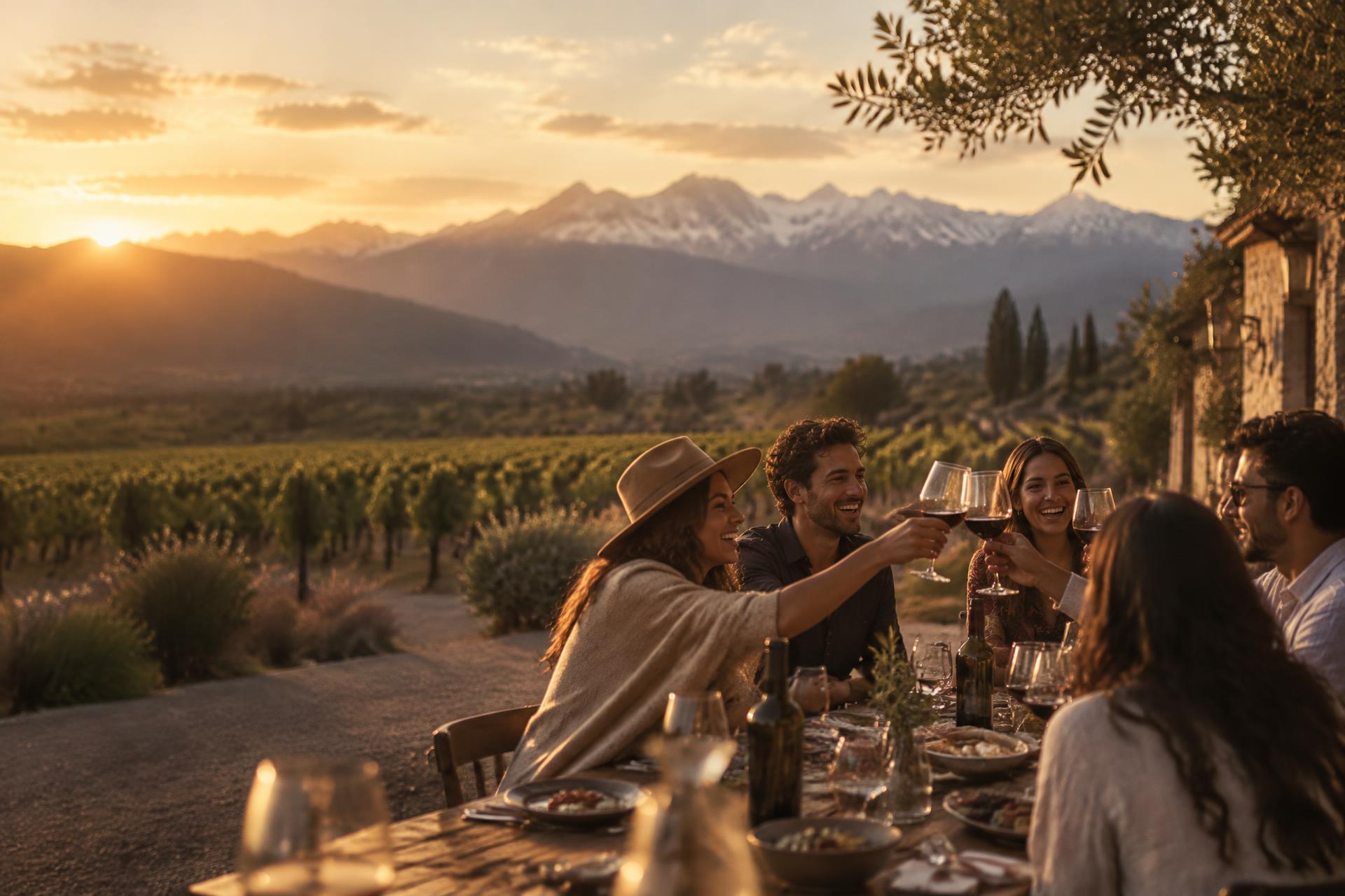 Amigos brindando entre viñedos en Mendoza